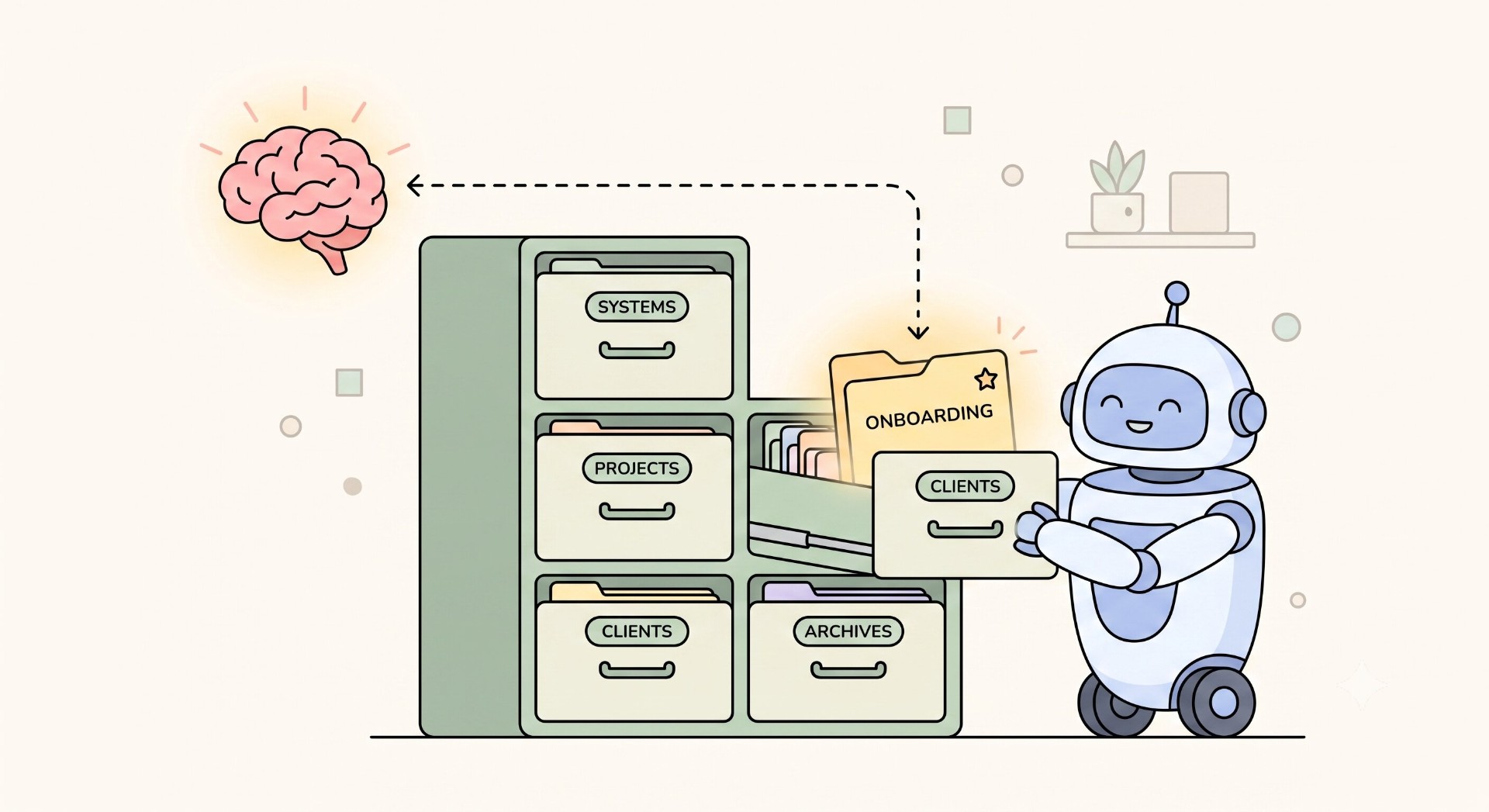 Illustration of a business owner handing an owner's manual to a friendly AI robot at a desk