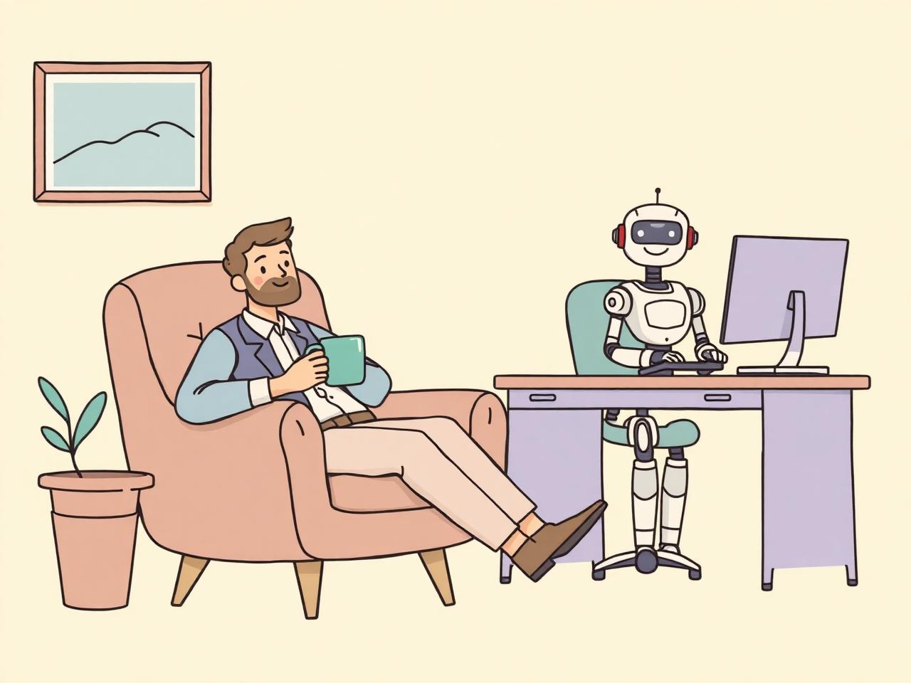Illustration of a relaxed business owner while a friendly AI robot works at a desk